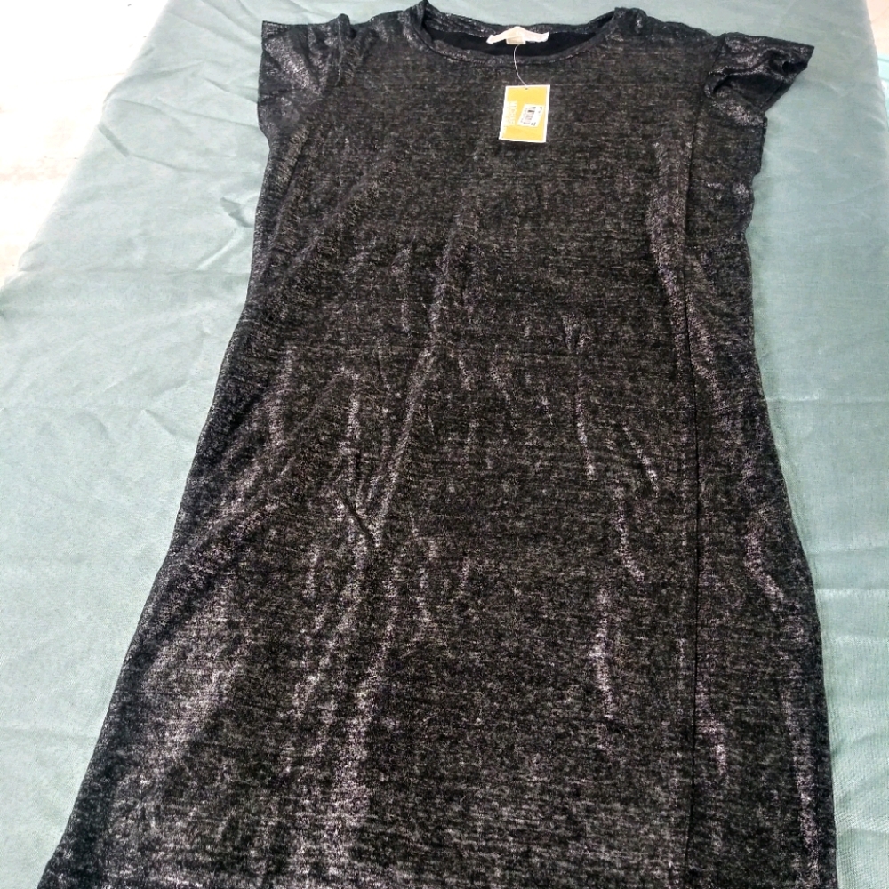 Michael Kors Petite Medium Black Silver Metallic Short Sleeve Shift Dress NEW